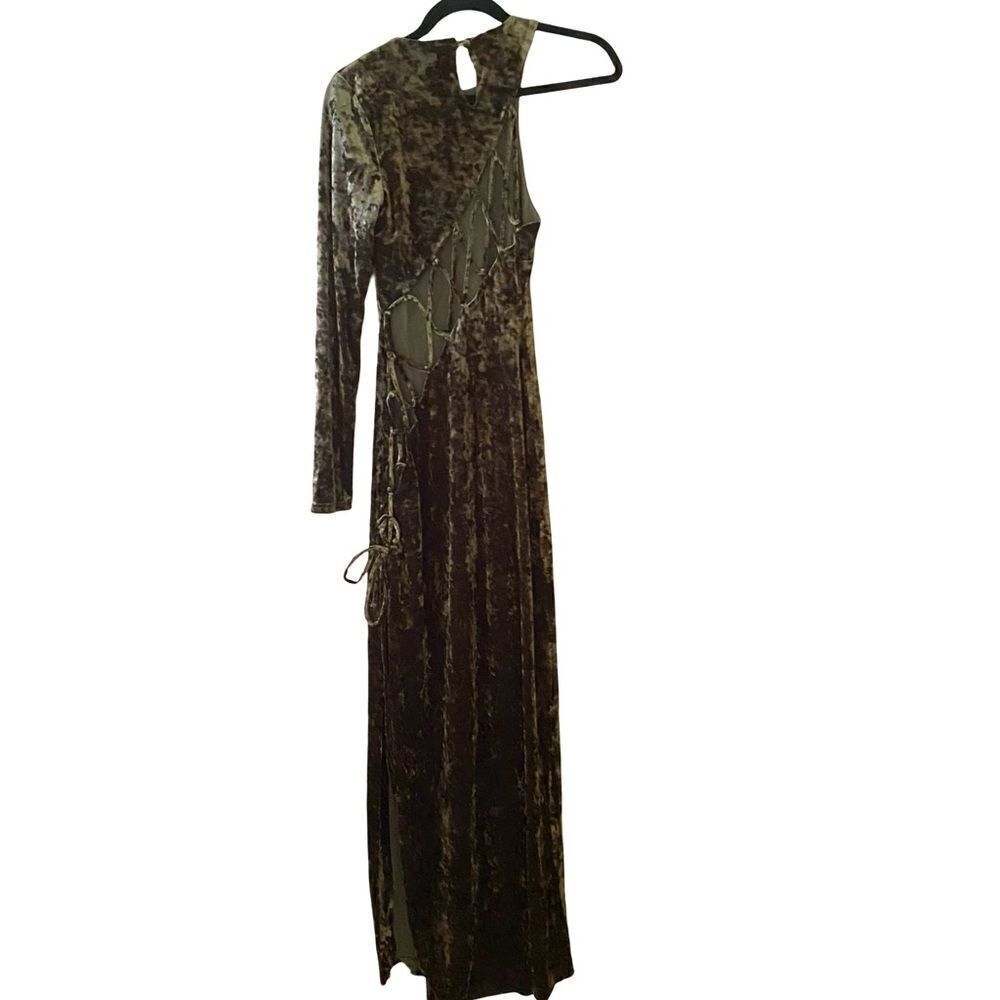 Camila Coelho Revolve Gabriel Maxi Olive Green crushed velvet lace up dress S - Picture 10 of 16